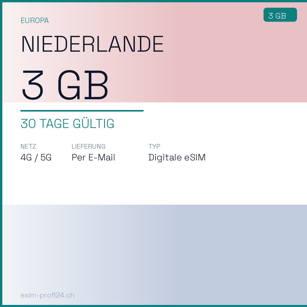 eSIM Niederlande – 3 GB / 30 Tage — eSIM Datenpaket kaufen, sofort per E-Mail | eSIMProfi24