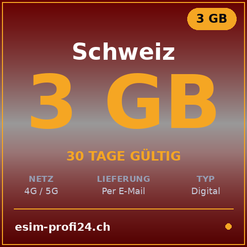 eSIM Schweiz – 3 GB / 30 Tage — eSIM Datenpaket kaufen, sofort per E-Mail | eSIMProfi24