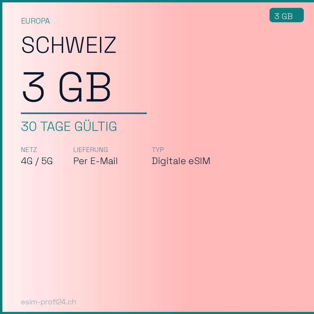 eSIM Suisse – 3 Go / 30 jours — eSIM Datenpaket kaufen, sofort per E-Mail | eSIMProfi24