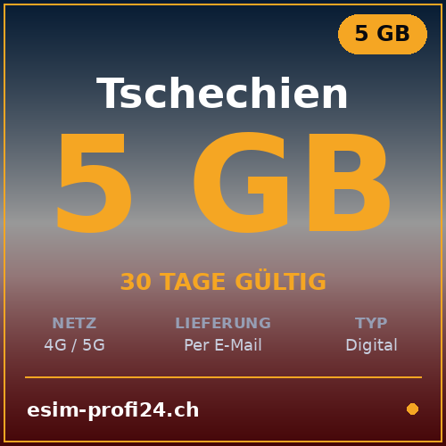 eSIM Tchéquie – 5 Go / 30 jours — eSIM Datenpaket kaufen, sofort per E-Mail | eSIMProfi24