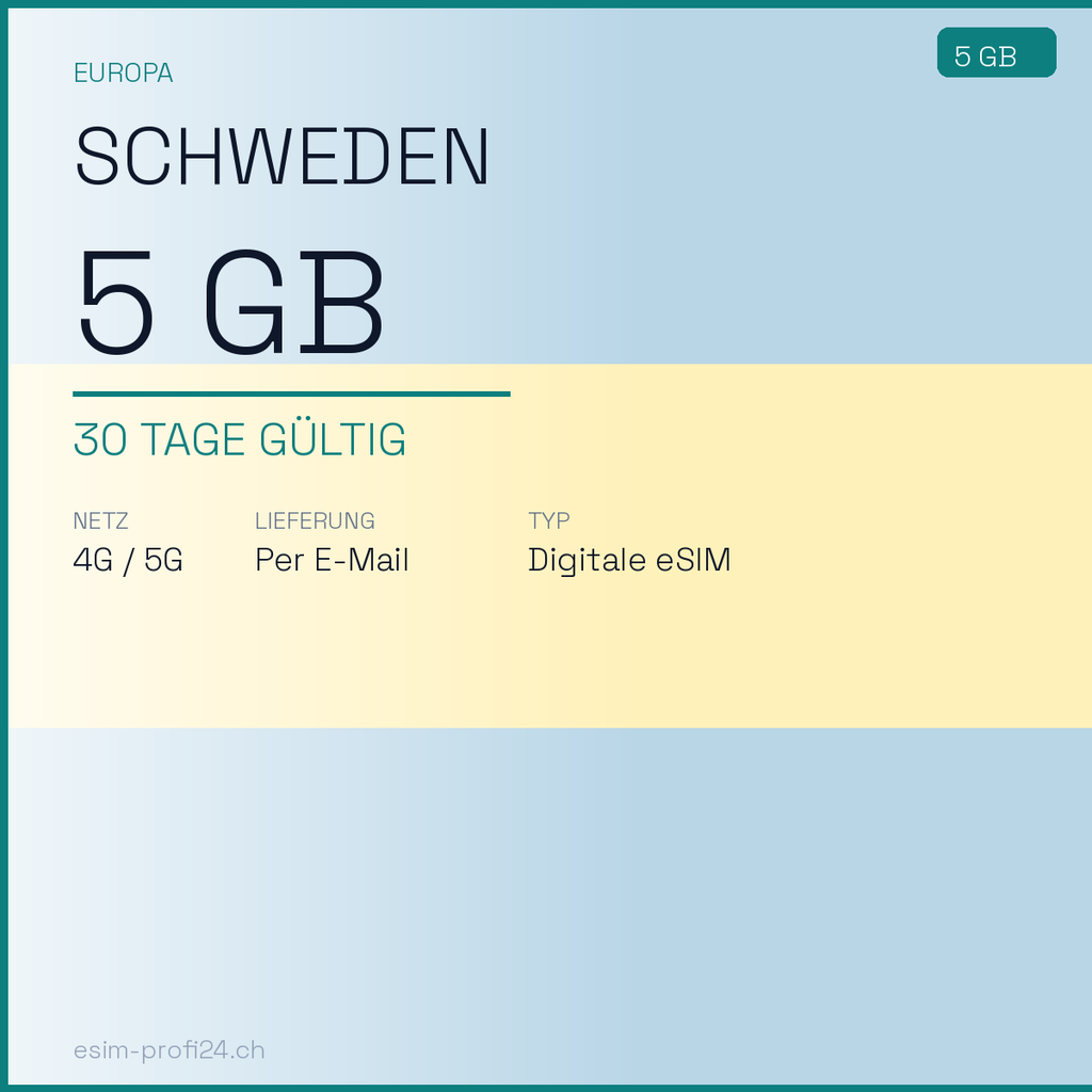 eSIM Schweden – 5 GB / 30 Tage — eSIM Datenpaket kaufen, sofort per E-Mail | eSIMProfi24
