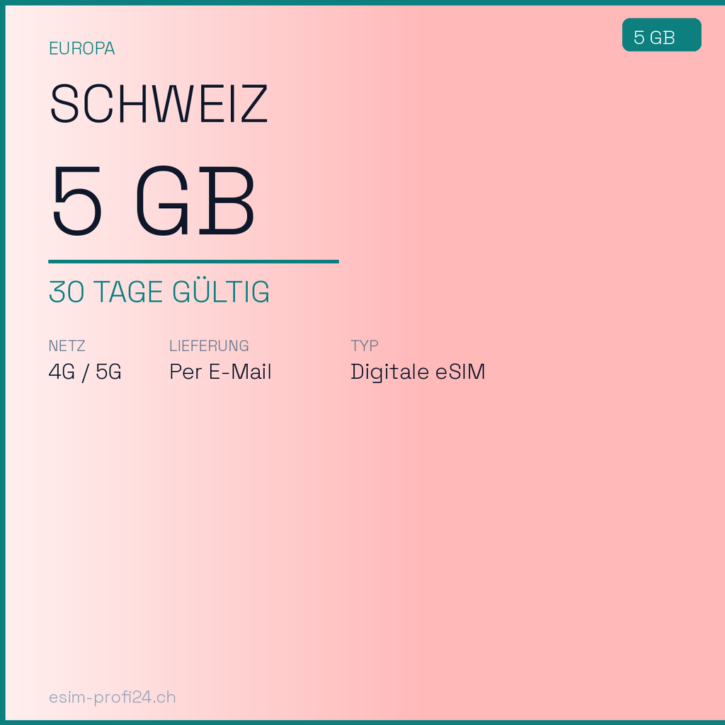 eSIM Suisse – 5 Go / 30 jours — eSIM Datenpaket kaufen, sofort per E-Mail | eSIMProfi24