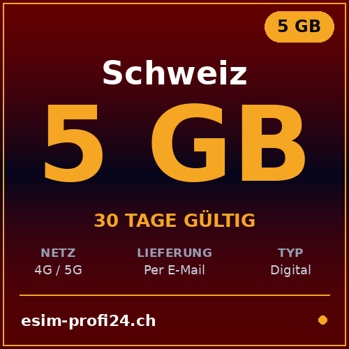 eSIM Svizzera – 5 GB / 30 giorni — eSIM Datenpaket kaufen, sofort per E-Mail | eSIMProfi24