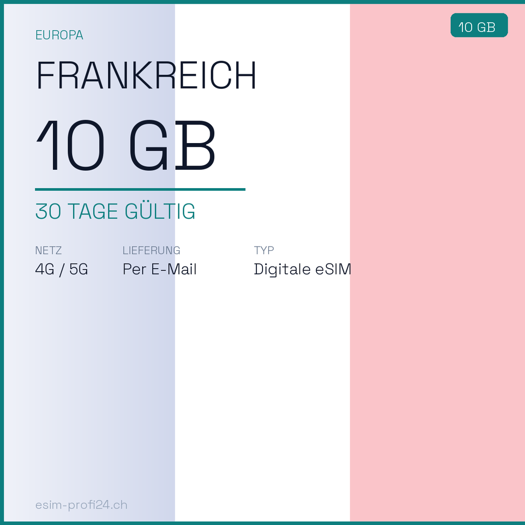 eSIM Frankreich – 10 GB / 30 Tage — eSIM Datenpaket kaufen, sofort per E-Mail | eSIMProfi24