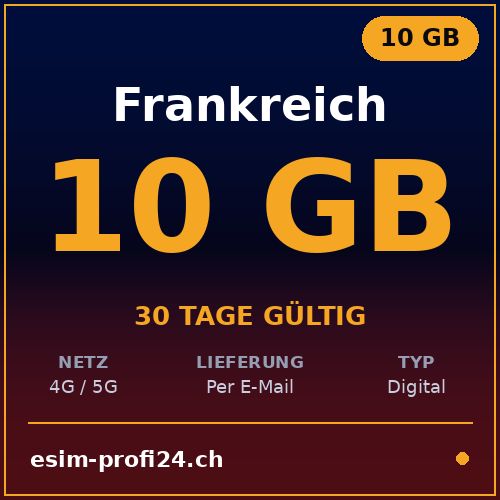 eSIM Frankreich – 10 GB / 30 Tage — eSIM Datenpaket kaufen, sofort per E-Mail | eSIMProfi24