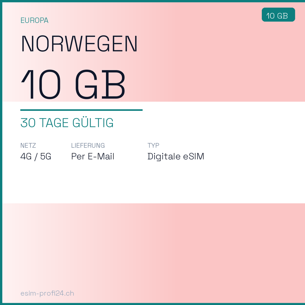 eSIM Norvegia – 10 GB / 30 giorni — eSIM Datenpaket kaufen, sofort per E-Mail | eSIMProfi24