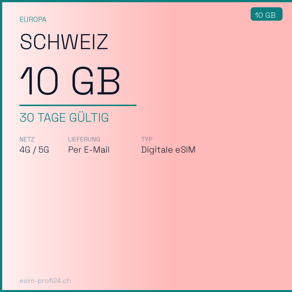 eSIM Svizzera – 10 GB / 30 giorni — eSIM Datenpaket kaufen, sofort per E-Mail | eSIMProfi24