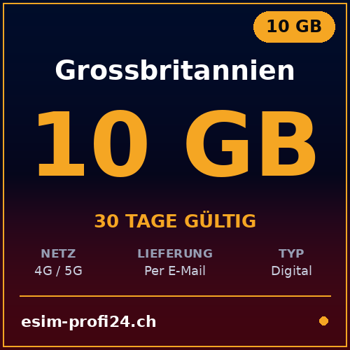 eSIM Grossbritannien – 10 GB / 30 Tage — eSIM Datenpaket kaufen, sofort per E-Mail | eSIMProfi24