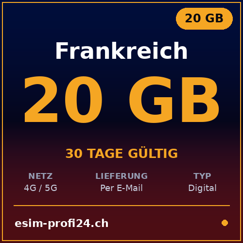 eSIM Frankreich – 20 GB / 30 Tage — eSIM Datenpaket kaufen, sofort per E-Mail | eSIMProfi24