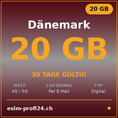 eSIM Danimarca – 20 GB / 30 giorni — eSIM Datenpaket kaufen, sofort per E-Mail | eSIMProfi24