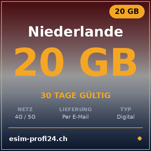 eSIM Pays-Bas – 20 Go / 30 jours — eSIM Datenpaket kaufen, sofort per E-Mail | eSIMProfi24