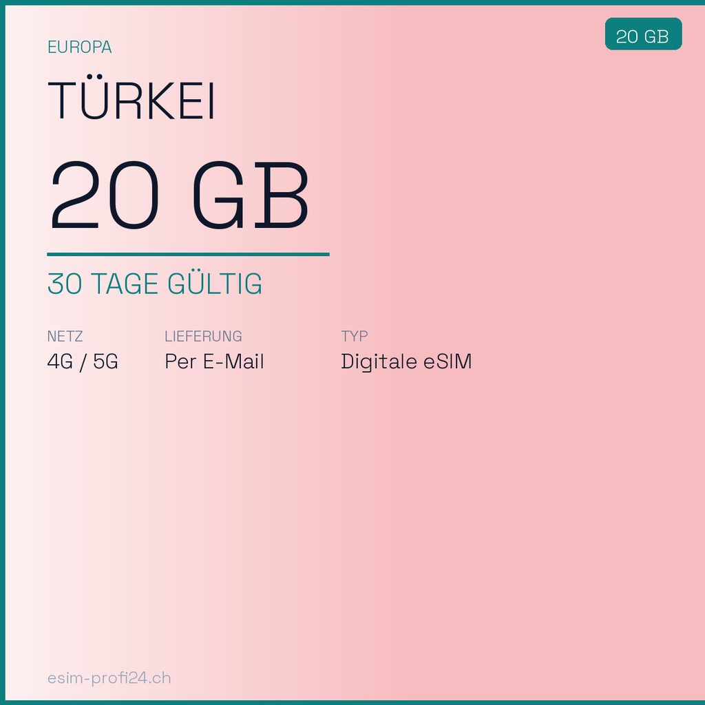 eSIM Turquie – 20 Go / 30 jours — eSIM Datenpaket kaufen, sofort per E-Mail | eSIMProfi24