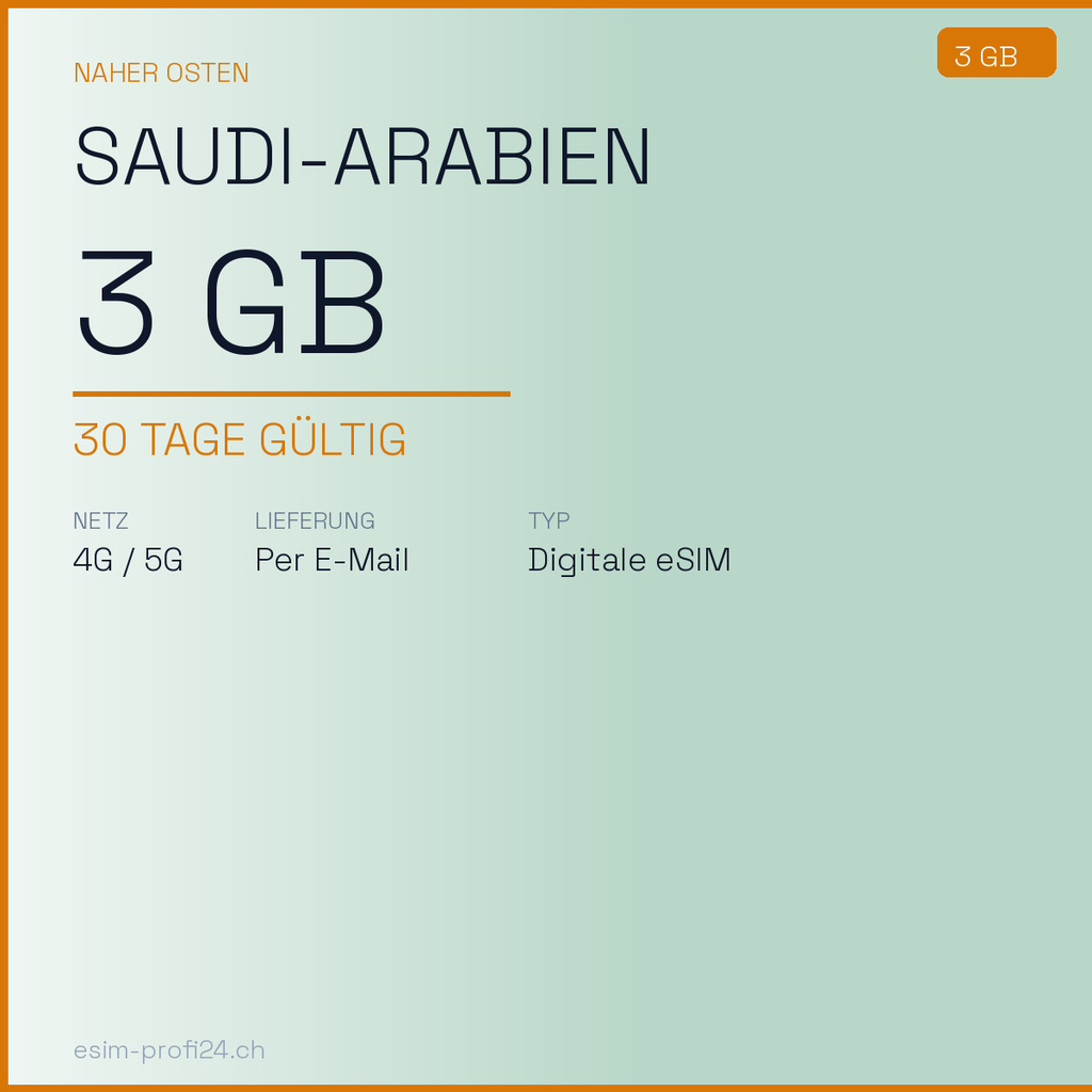 eSIM Arabie saoudite – 3 Go / 30 jours — eSIM Datenpaket kaufen, sofort per E-Mail | eSIMProfi24