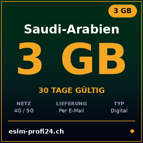 eSIM Arabie saoudite – 3 Go / 30 jours — eSIM Datenpaket kaufen, sofort per E-Mail | eSIMProfi24