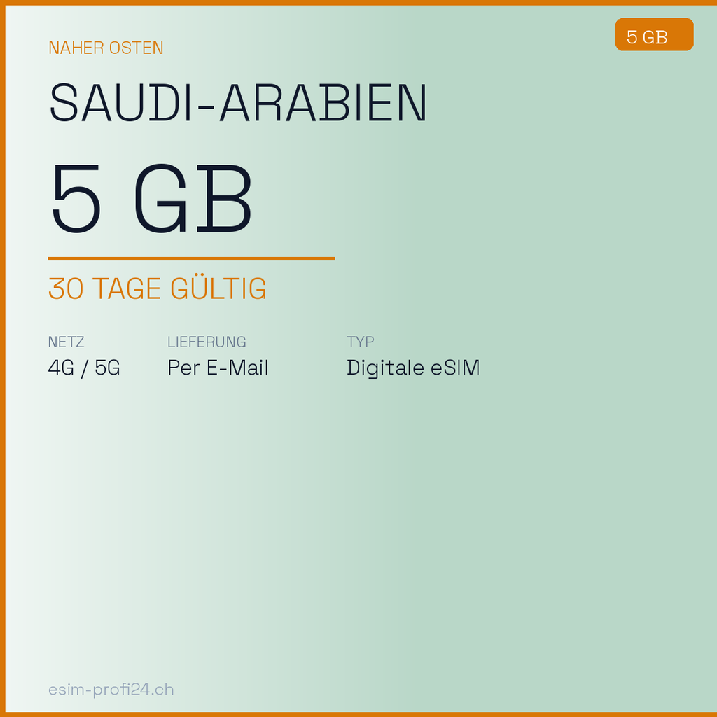 eSIM Arabia Saudita – 5 GB / 30 giorni — eSIM Datenpaket kaufen, sofort per E-Mail | eSIMProfi24