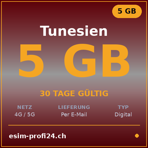 eSIM Tunisia – 5 GB / 30 giorni — eSIM Datenpaket kaufen, sofort per E-Mail | eSIMProfi24