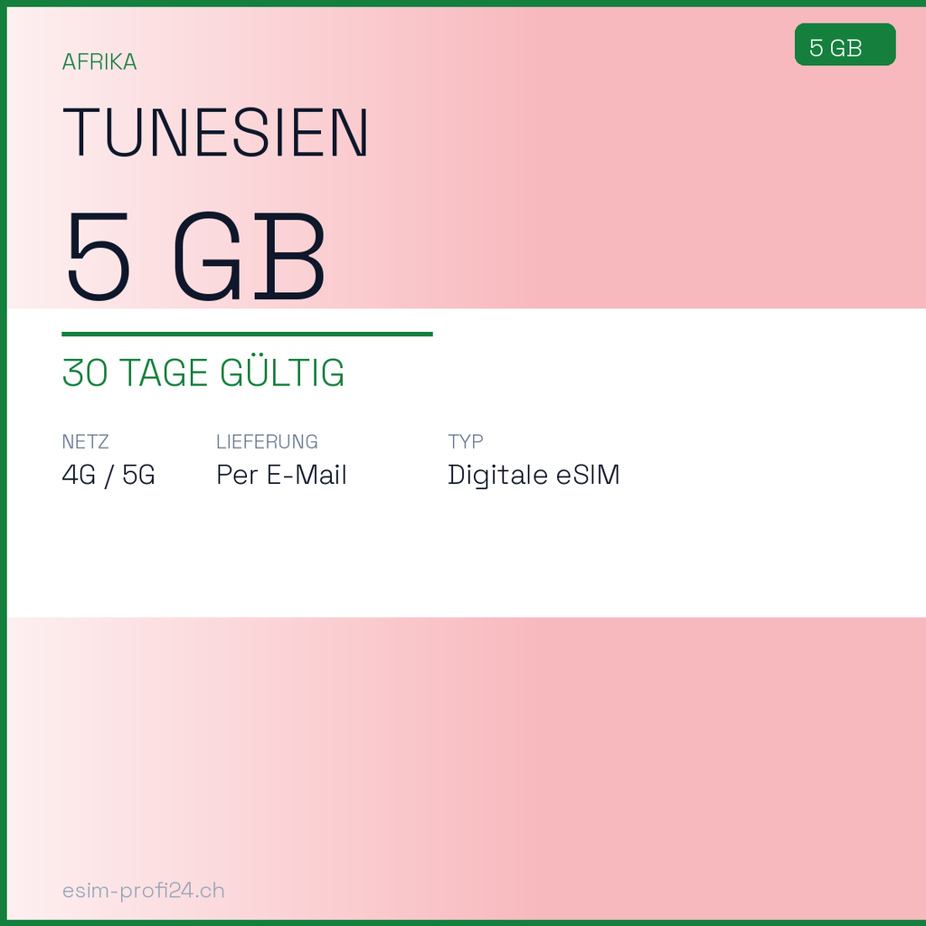 eSIM Tunisia – 5 GB / 30 giorni — eSIM Datenpaket kaufen, sofort per E-Mail | eSIMProfi24