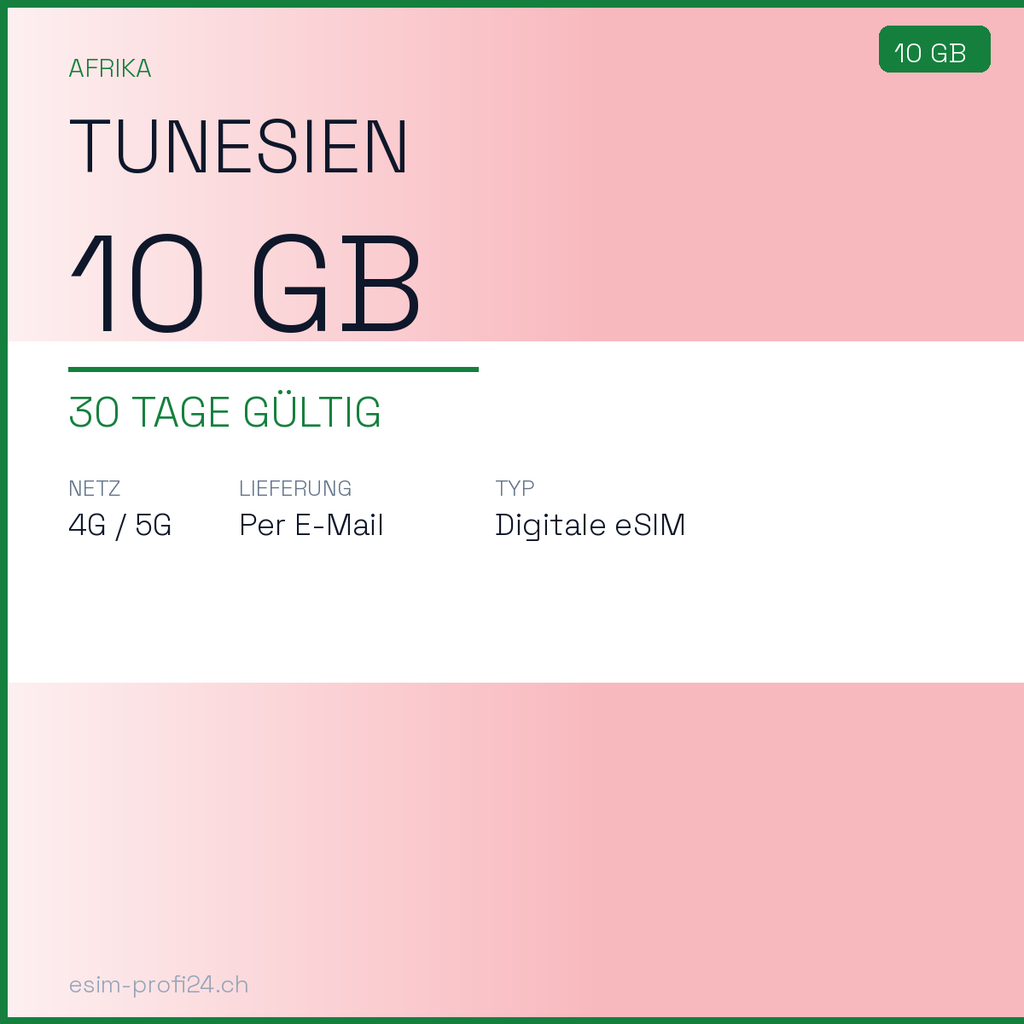 eSIM Tunisie – 10 Go / 30 jours — eSIM Datenpaket kaufen, sofort per E-Mail | eSIMProfi24