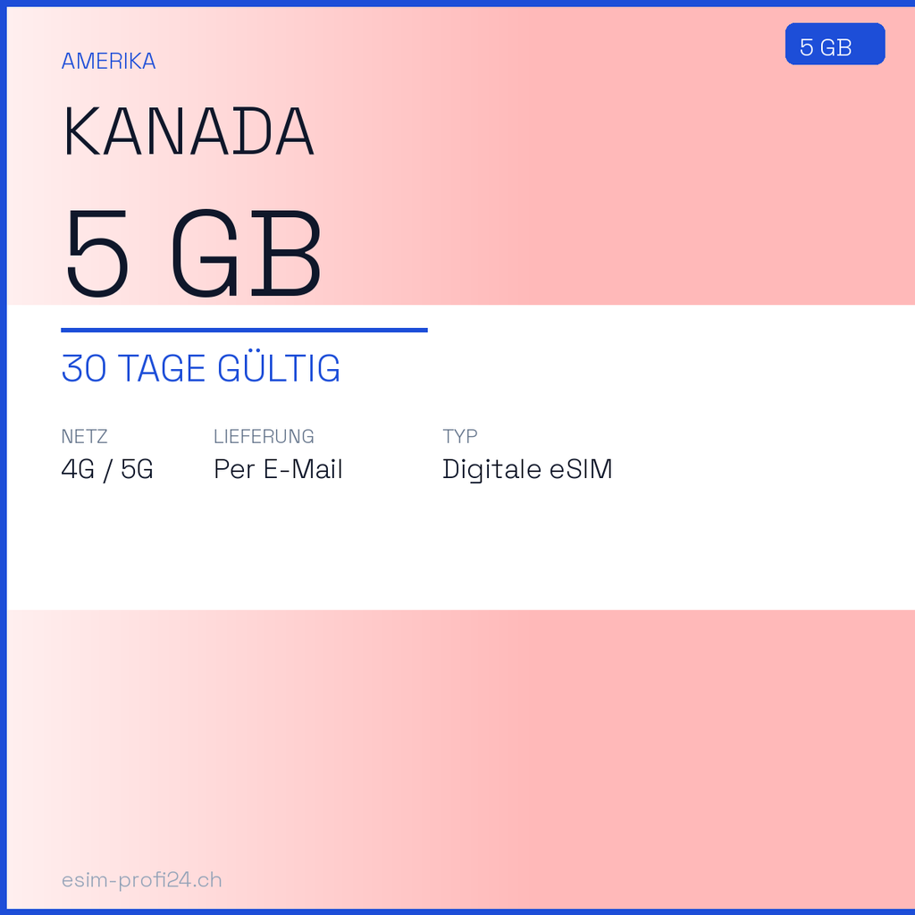 eSIM Canada – 5 Go / 30 jours — eSIM Datenpaket kaufen, sofort per E-Mail | eSIMProfi24