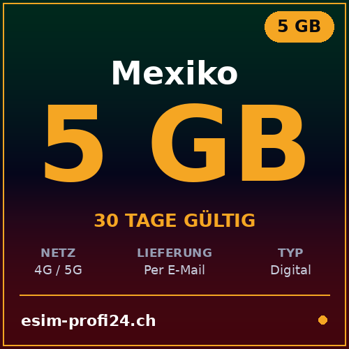 eSIM Mexiko – 5 GB / 30 Tage — eSIM Datenpaket kaufen, sofort per E-Mail | eSIMProfi24