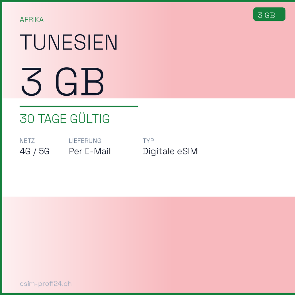 eSIM Tunesien – 3 GB / 30 Tage — eSIM Datenpaket kaufen, sofort per E-Mail | eSIMProfi24