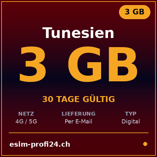 eSIM Tunisia – 3 GB / 30 days — eSIM Datenpaket kaufen, sofort per E-Mail | eSIMProfi24
