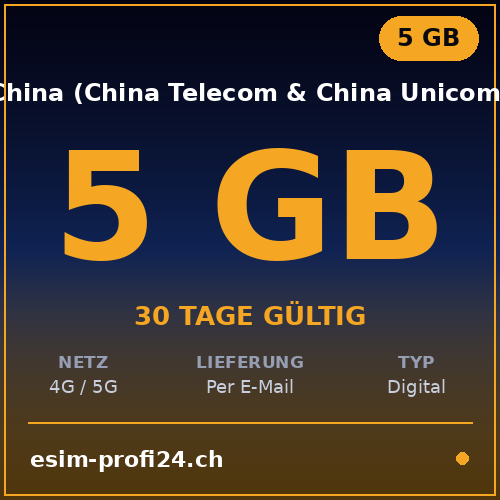 eSIM China (China Telecom & China Unicom) – 5 GB / 30 Tage — eSIM Datenpaket kaufen, sofort per E-Mail | eSIMProfi24