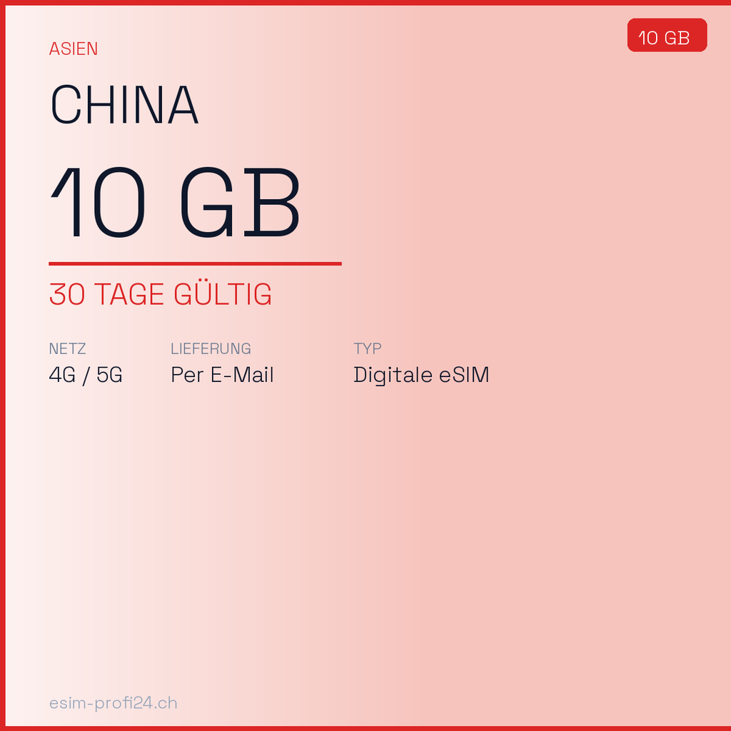 eSIM China – 10 GB / 30 Tage — eSIM Datenpaket kaufen, sofort per E-Mail | eSIMProfi24