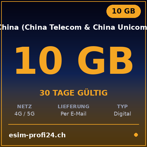 eSIM China – 10 GB / 30 days — eSIM Datenpaket kaufen, sofort per E-Mail | eSIMProfi24