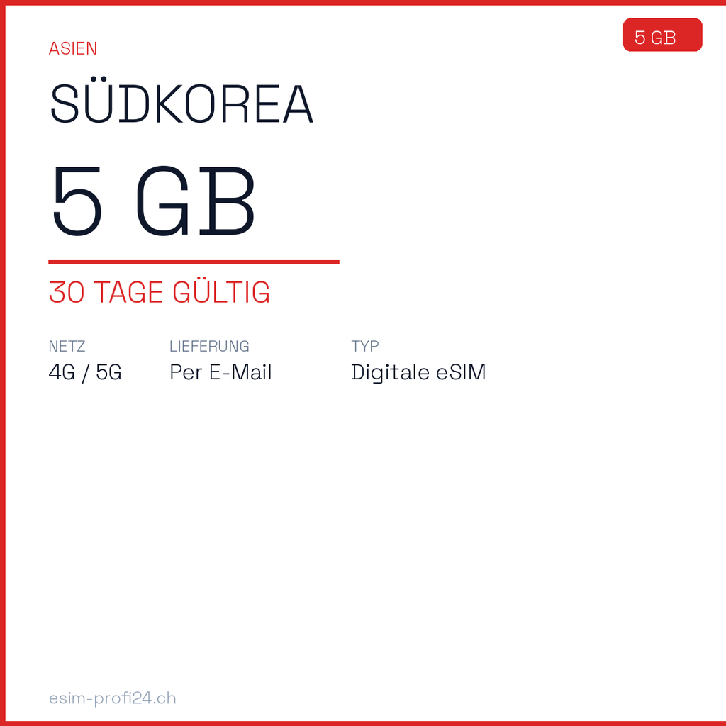 eSIM Corea del Sud – 5 GB / 30 giorni — eSIM Datenpaket kaufen, sofort per E-Mail | eSIMProfi24