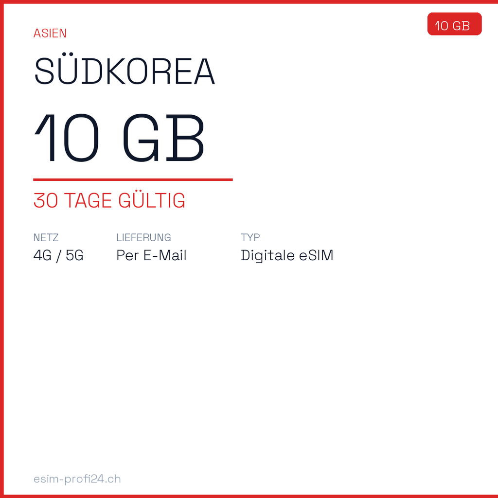eSIM Corea del Sud – 10 GB / 30 giorni — eSIM Datenpaket kaufen, sofort per E-Mail | eSIMProfi24