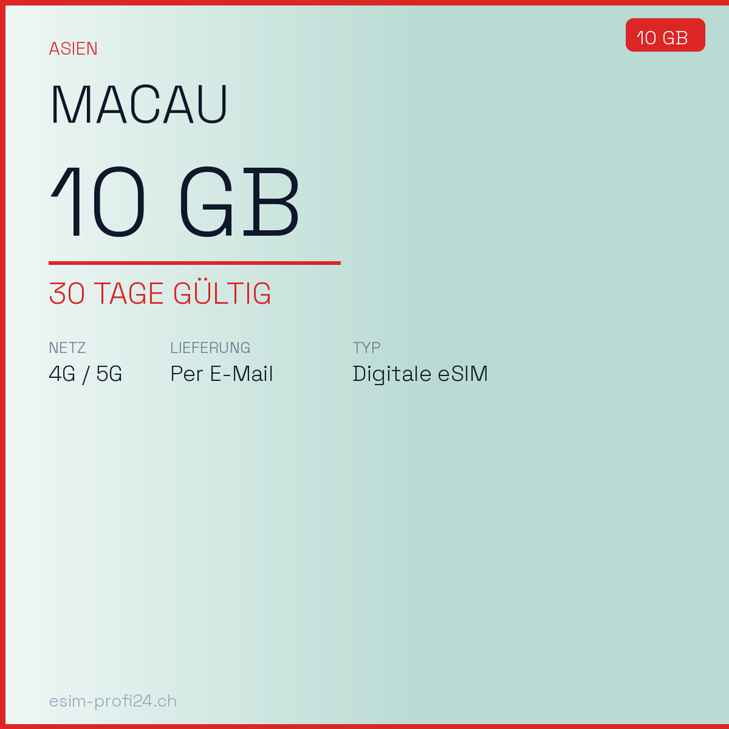 eSIM Macao – 10 GB / 30 giorni — eSIM Datenpaket kaufen, sofort per E-Mail | eSIMProfi24