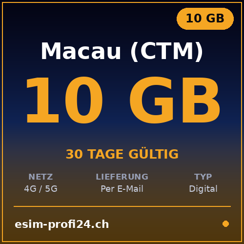 eSIM Macao – 10 GB / 30 giorni — eSIM Datenpaket kaufen, sofort per E-Mail | eSIMProfi24