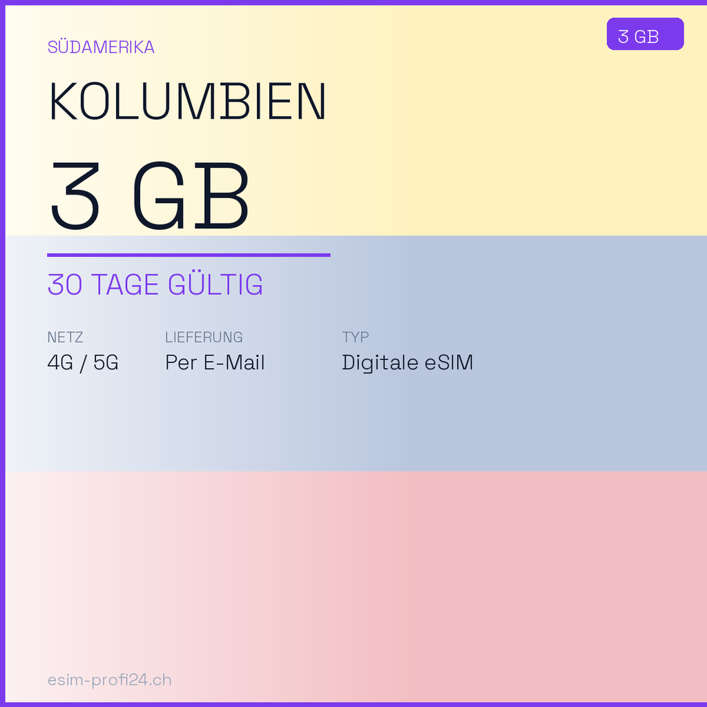 eSIM Kolumbien – 3 GB / 30 Tage — eSIM Datenpaket kaufen, sofort per E-Mail | eSIMProfi24