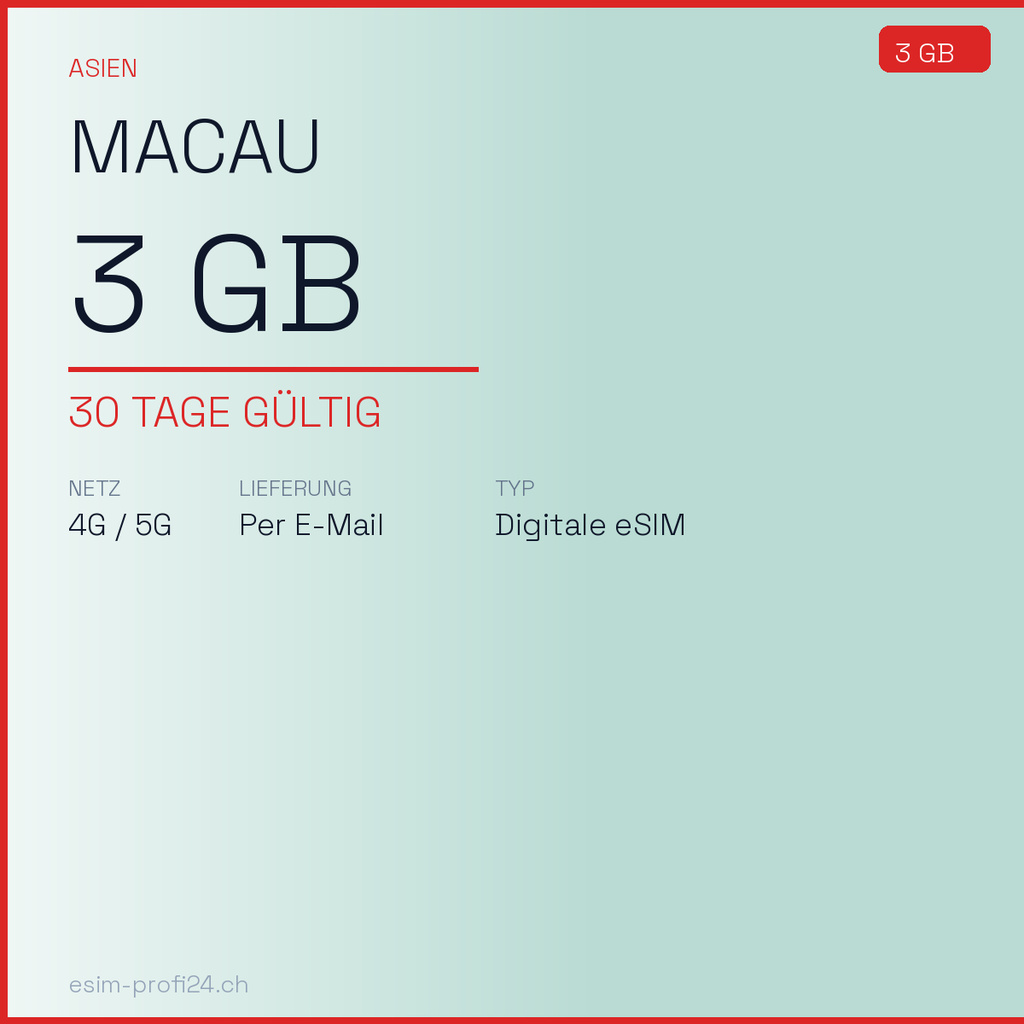 eSIM Macau – 3 GB / 30 Tage — eSIM Datenpaket kaufen, sofort per E-Mail | eSIMProfi24
