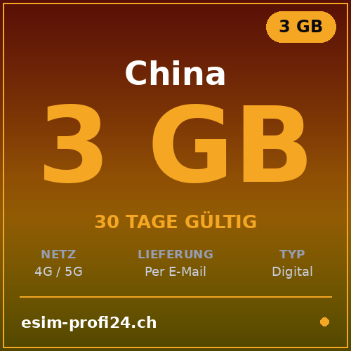 eSIM Cina – 3 GB / 30 giorni — eSIM Datenpaket kaufen, sofort per E-Mail | eSIMProfi24