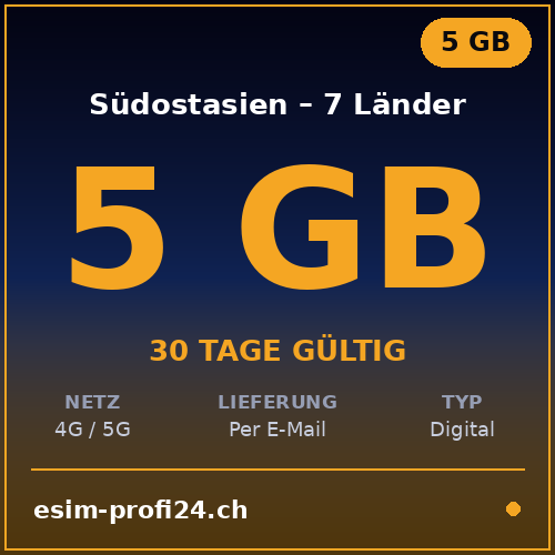 eSIM Sud-est asiatico – 7 Länder – 5 GB / 30 giorni — eSIM Datenpaket kaufen, sofort per E-Mail | eSIMProfi24