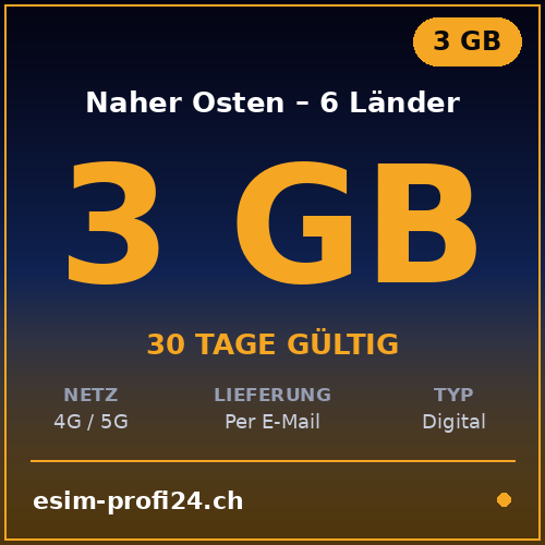 eSIM Medio Oriente – 6 Länder – 3 GB / 30 giorni — eSIM Datenpaket kaufen, sofort per E-Mail | eSIMProfi24