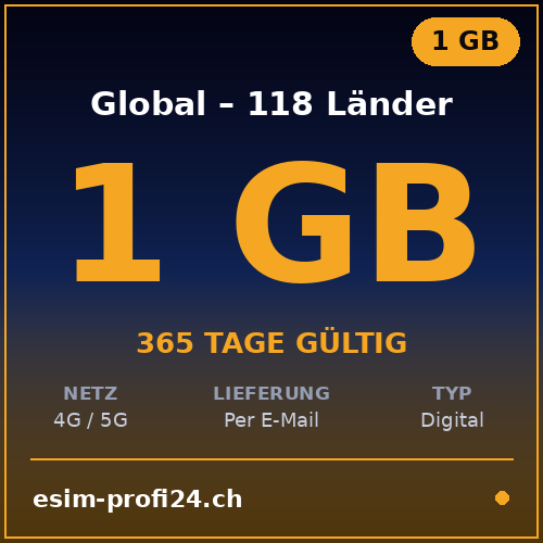 eSIM Globale – 118 Länder – 1 GB / 365 giorni — eSIM Datenpaket kaufen, sofort per E-Mail | eSIMProfi24