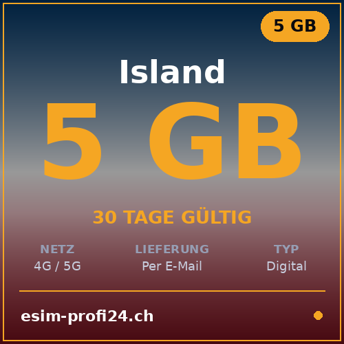 eSIM Islanda – 5 GB / 30 giorni — eSIM Datenpaket kaufen, sofort per E-Mail | eSIMProfi24