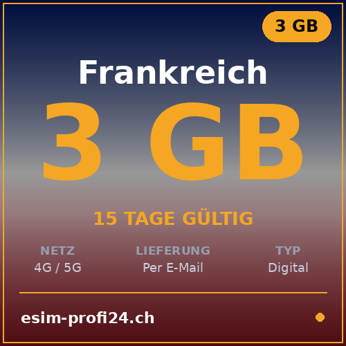 eSIM Francia – 3 GB / 15 giorni — eSIM Datenpaket kaufen, sofort per E-Mail | eSIMProfi24