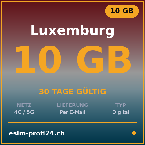 eSIM Lussemburgo – 10 GB / 30 giorni — eSIM Datenpaket kaufen, sofort per E-Mail | eSIMProfi24