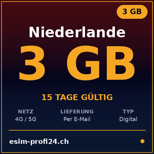 eSIM Netherlands – 3 GB / 15 days — eSIM Datenpaket kaufen, sofort per E-Mail | eSIMProfi24