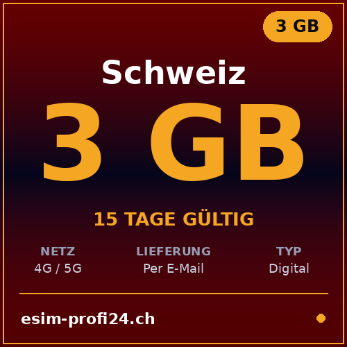 eSIM Switzerland – 3 GB / 15 days — eSIM Datenpaket kaufen, sofort per E-Mail | eSIMProfi24