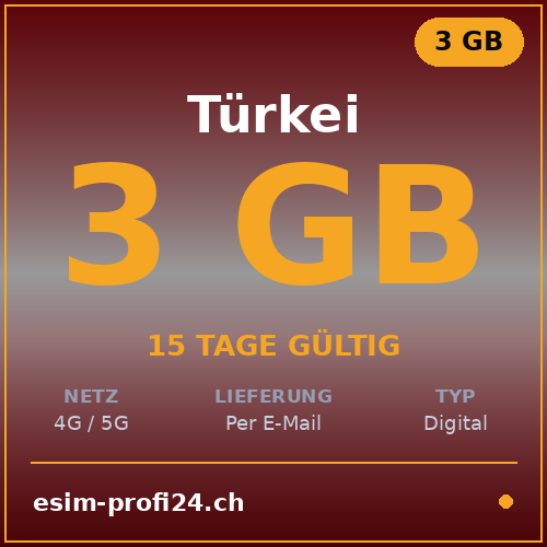 eSIM Turquie – 3 Go / 15 jours — eSIM Datenpaket kaufen, sofort per E-Mail | eSIMProfi24
