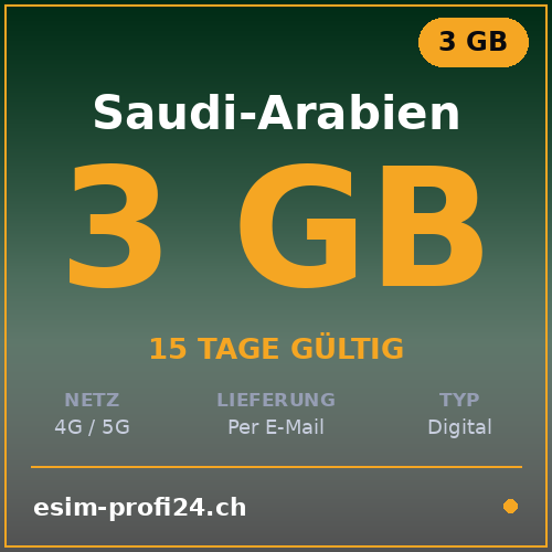 eSIM Arabia Saudita – 3 GB / 15 giorni — eSIM Datenpaket kaufen, sofort per E-Mail | eSIMProfi24