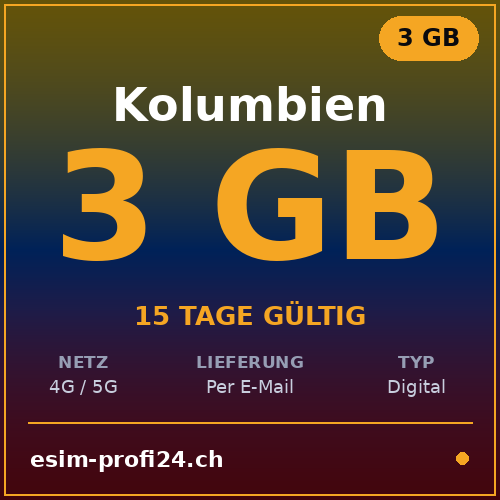 eSIM Colombie – 3 Go / 15 jours — eSIM Datenpaket kaufen, sofort per E-Mail | eSIMProfi24