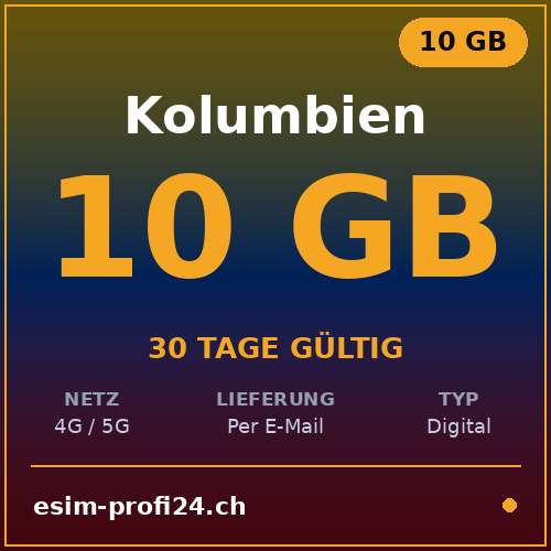 eSIM Colombie – 10 Go / 30 jours — eSIM Datenpaket kaufen, sofort per E-Mail | eSIMProfi24