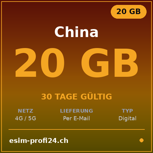 eSIM Chine – 20 Go / 30 jours