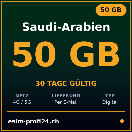 eSIM Arabia Saudita – 50 GB / 30 giorni — eSIM Datenpaket kaufen, sofort per E-Mail | eSIMProfi24